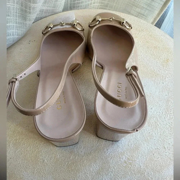 New Gucci Nude Patent Leather Slingback Block Heel, Lady Tan Horsebit Size 8 US - Picture 8 of 13
